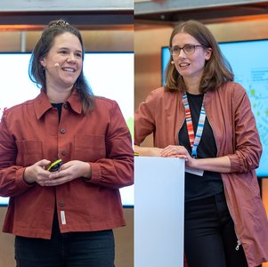 Die Fotos zeigen Esther Fischer und Kristine Rinderle, Geschäftsführung Energieagentur Kreis Ludwigsburg LEA e.V., bei ihrem Vortrag auf dem Herbstforum Altbau 2025