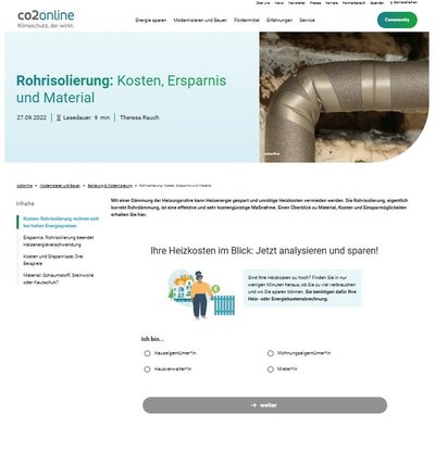 Die Grafik zeigt eine Seite zu Rohrdämmung auf der Website von CO2-Online.