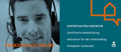 Key Visual der Veranstaltungsreihe Praxisdialog online. Das Bild zeigt einen Mann im Porträtformat, der ein Headset trägt und in die Kamera lächelt. 