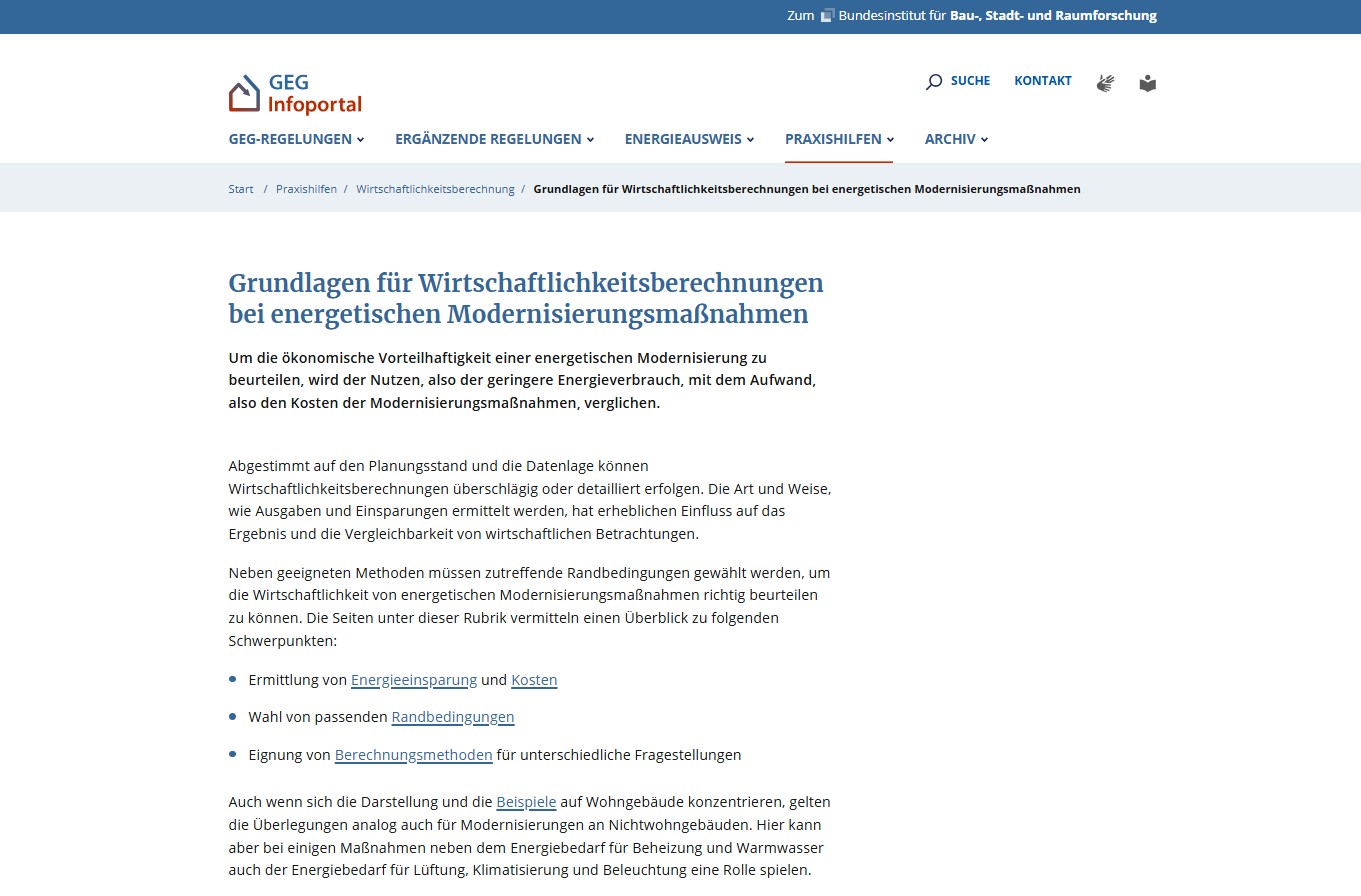Screenshot der Website des "Bundesinstitut für Bau-, Städtebau- und Raumforschung (BBSR)" für das Thema "Grundlagen für Wirtschaftlichkeitsberechnungen bei energetischen Modernisierungsmaßnahmen"