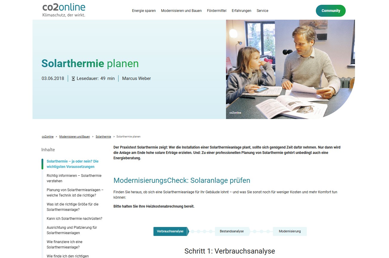Die Grafik zeigt die Internetseite von CO2-Online zum Praxistest Solarthermie.