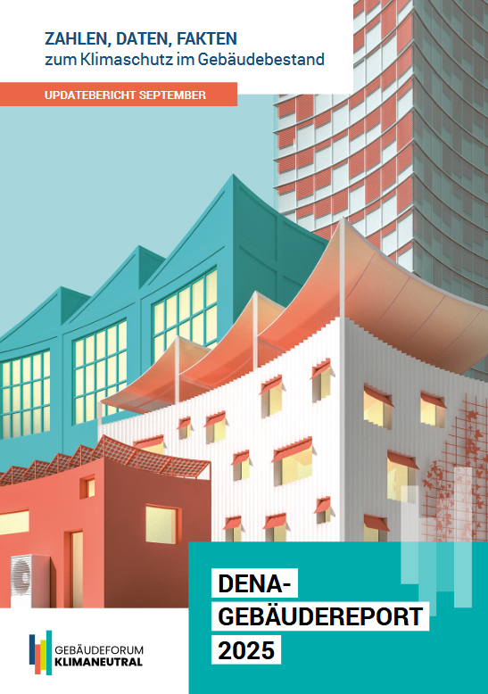 Cover des Dena-Gebäudereport 2024 mit Zahlen, Daten, Fakten zum Klimaschutz im Gebäudebestand.