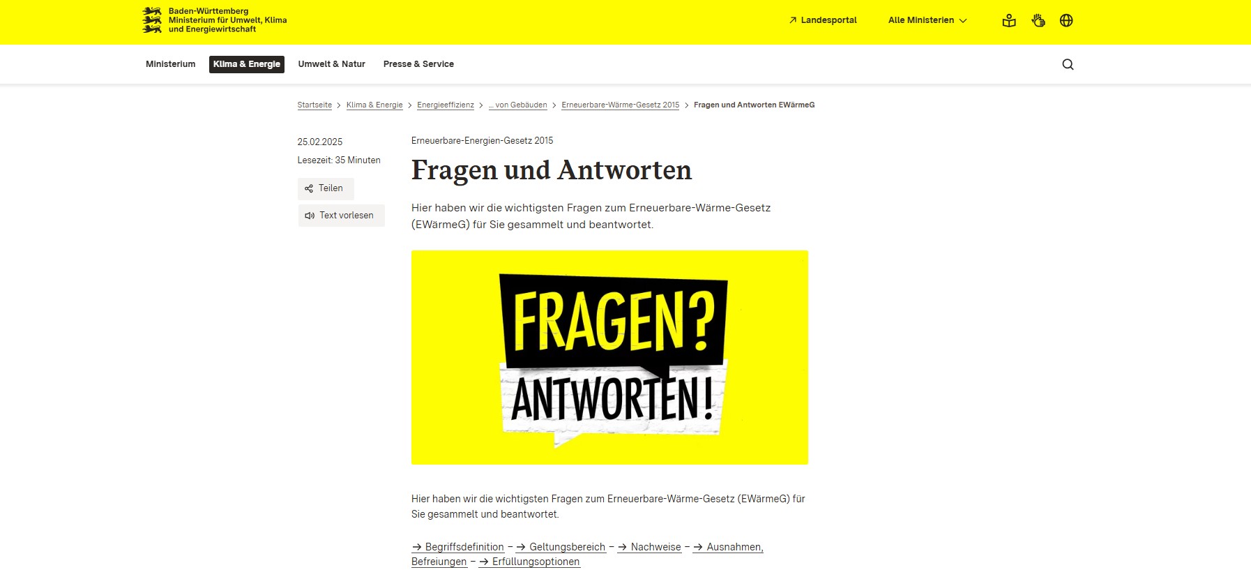 Eine Seite des Umweltministeriums Baden-Württemberg versammelt die wichtigsten Fragen rund um das EWärmeG.