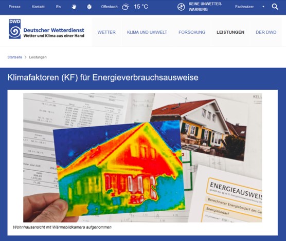 Screenshot der Klimafaktoren für Energieverbrauchsausweise vom Deutschen Wetterdienst.