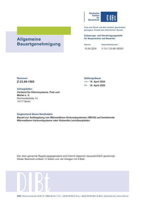 Screenshots einer A4-Seite "Allgemeine Bauartgenehmigung": Die Allgemeine Bauartgenehmigung zur Aufdopplung von Wärmedämm-Verbundsystemen (WDVS) auf bestehende Wärmedämm-Verbundsysteme oder Holzwolle-Leichtbauplatten enthält Planungshinweise.
