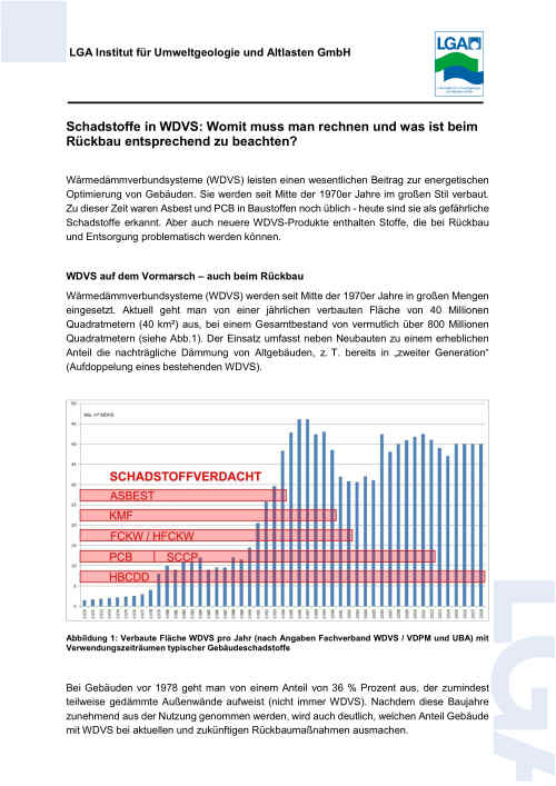 Screenshot des Merkblatts "Schadstoffe in WDVS: Womit muss man rechnen und was ist beim Rückbau entsprechend zu beachten?"