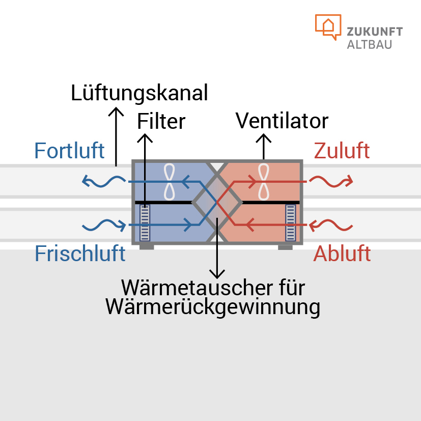 Die Grafik zeigt detailliert die Funktionsweise eines zentralen Lüftungsgerätes. 