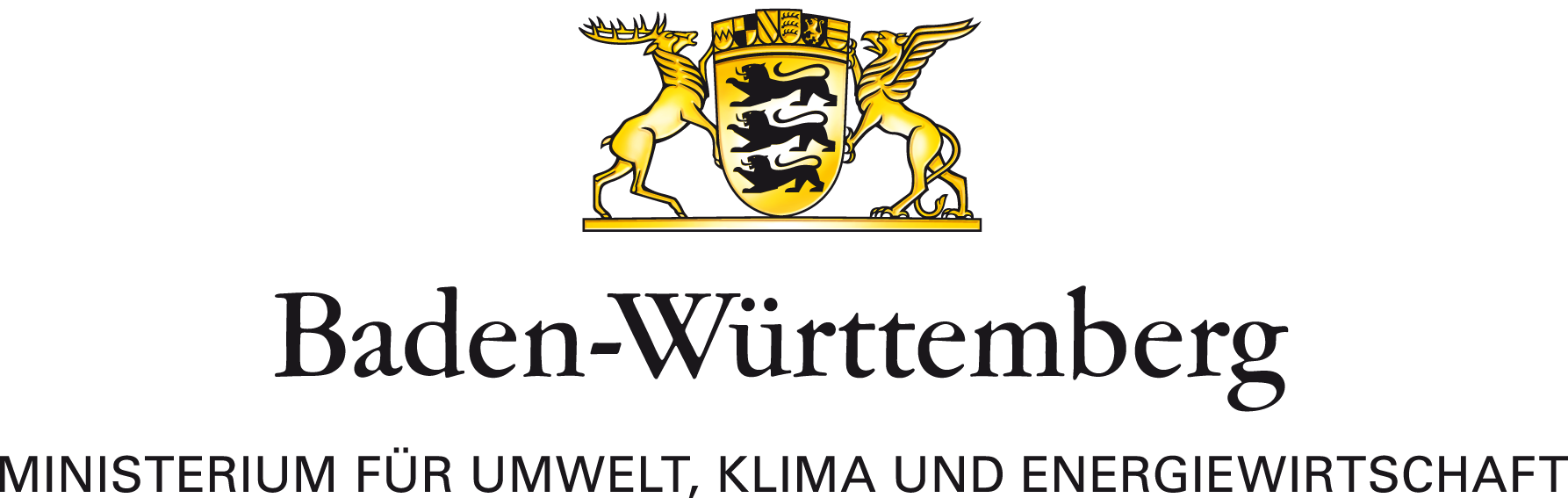Logo des Landesministeriums für Umwelt, Klima und Energiewirtschaft Baden-Württemberg. Ein Löwe, ein Hirsch und ein Greif. Schriftzug „Baden-Württemberg“ und „Ministerium für Umwelt, Klima und Energiewirtschaft“.