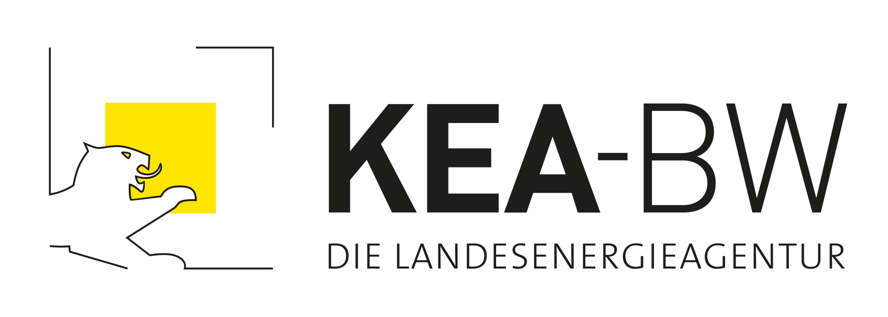 Logo der KEA-BW: Eine Linienzeichnung des Löwen aus dem baden-württembergischen Landeswappen. Rechts daneben: Schwarzer Text "KEA-BW Die Landesenergieagentur"