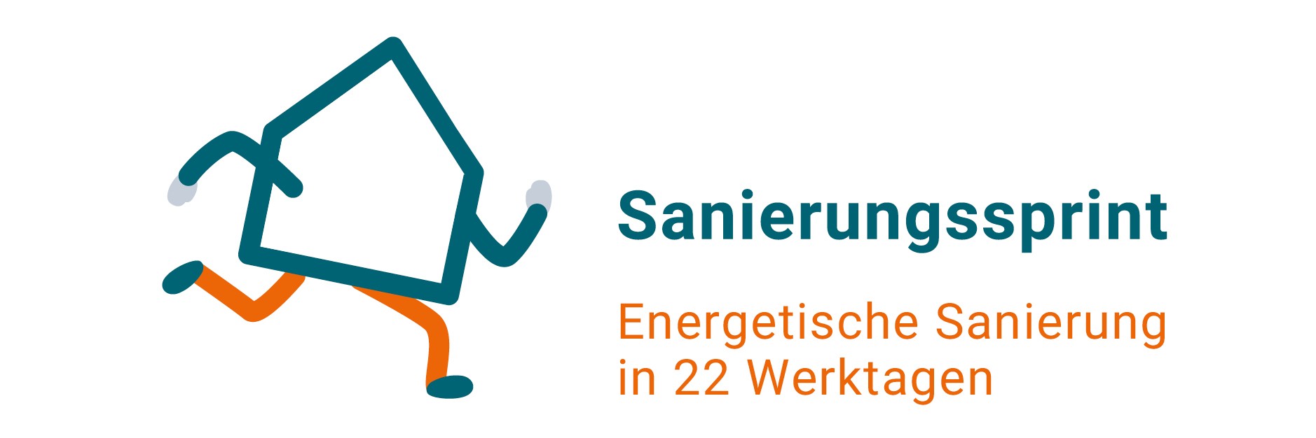 Sanierungssprint-Logo in petrol- und orange, links ein rennendes Haus mit Armen und Beinen, rechts daneben der Slogan "Sanierungssprint Baden-Württemberg - energetische Sanierung in 22 Werktagen"