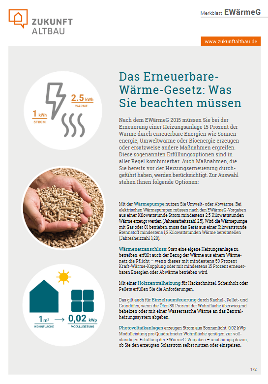 Cover des Merkblatts von Zukunft Altbau zum EWärmeG.