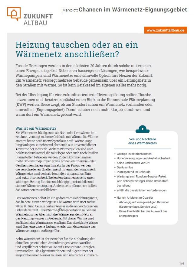 Das Bild zeigt die erste Seite des Merkblatts "Chancen im Wärmenetz-Eignungsgebiet"
