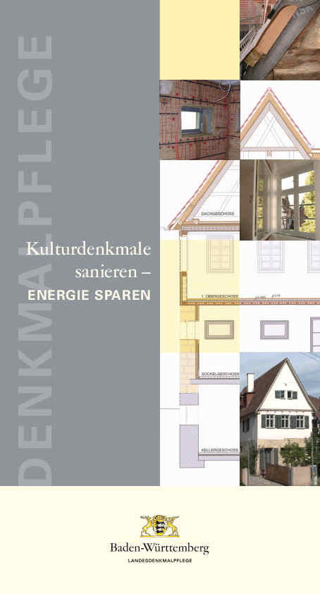 Cover der Broschüre "Kulturdenkmale sanieren – Energie sparen" zeigt ein Haus und technische Skizzen als Symbol für die energetische Sanierung von Gebäuden