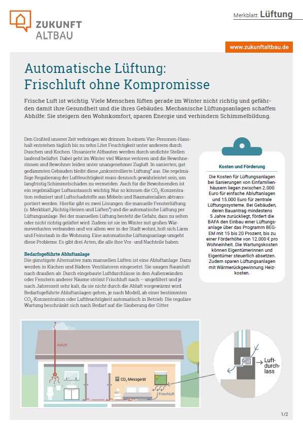 Cover des Merkblatts von Zukunft Altbau zur automatischen Lüftung.