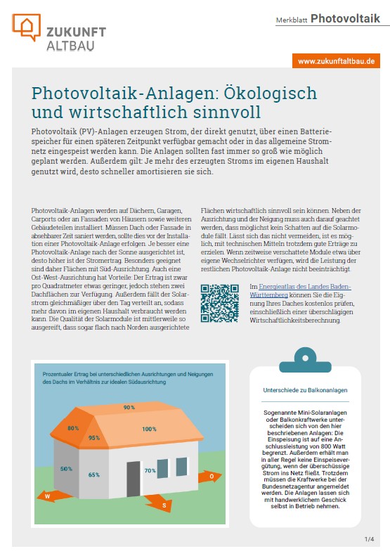 Cover des Merkblatts von Zukunft Altbau zu Photovoltaik. 