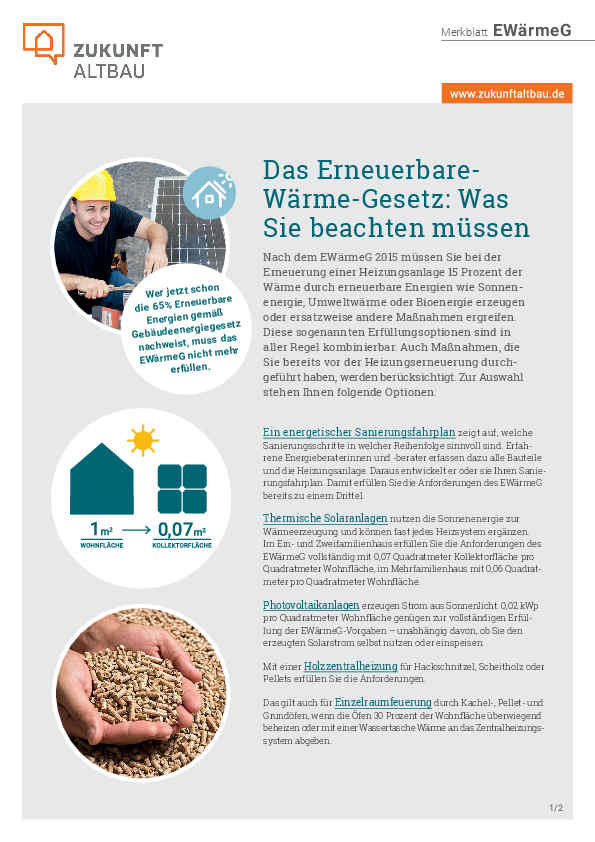 Cover des Zukunft Altbau Merkblatts "Das Erneuerbare-Wärme-Gesetz" - Text und drei runde Fotos