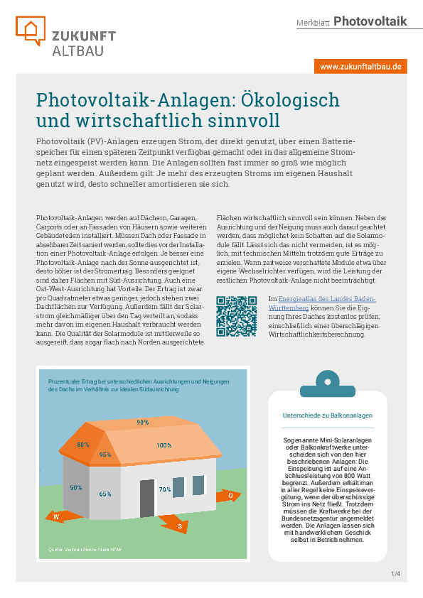 Cover des ZAB Merkblatts "Merkblatt: Photovoltaik-Anlagen – ökologisch und wirtschaftlich sinnvoll" - Text, Zeichnung und Hinweistext