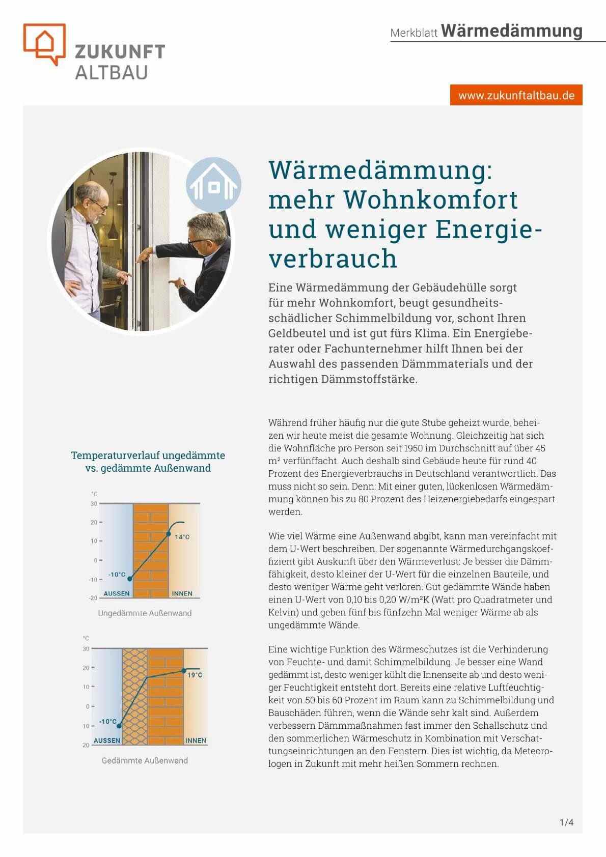 Es ist das Merkblatt zur Wärmedämmung mit Thematik mehr Wohnkomfort und weniger Energieverbrauch.