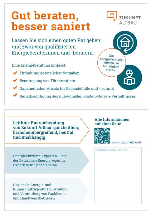 Vorschaubild auf eine Postkarte, die verschiedene Anlaufstellen für eine Energieberatung nennt. 
