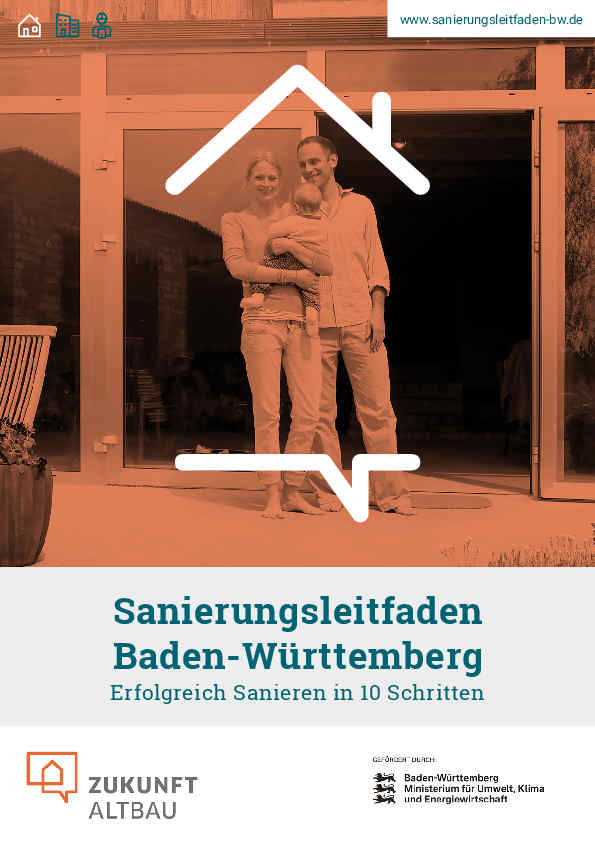 Titel der Broschüre "Sanierungsleitfaden". Eine Frau, ein Mann und ein Kind unter einem Haussymbol.