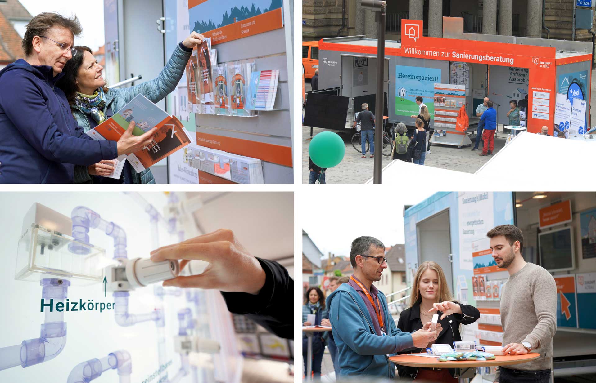 Es handelt sich um eine Collage mit vier Fotos vom Sanierungsmobil. Das Foto oben links zeigt einen Mann und eine Frau, die sich vor einem Broschürenständer befinden. Das rechte obere Bild zeigt die Vorderseite des Mobils. Das Foto links unten zeigt das Exponat zum hydraulischen Abgleich in Nahaufnahme. Das Bild rechts unten zeigt eine Beratungssituation zwischen einem Energieberater und zwei Personen.